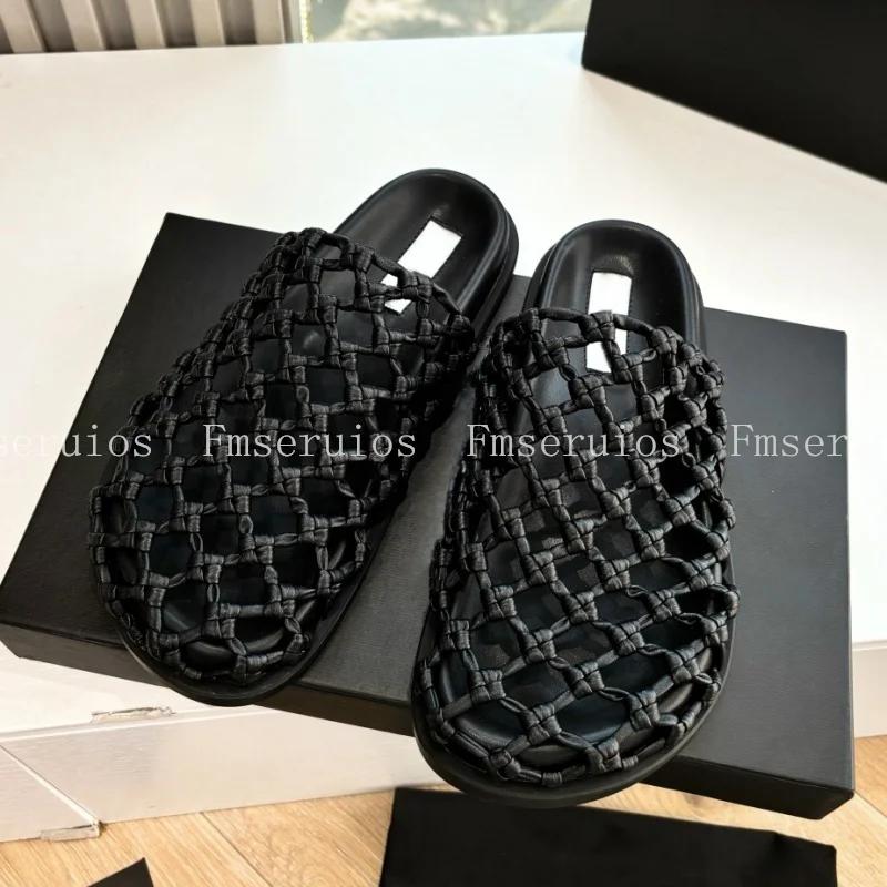 

Casual Slippers Women Woven Mesh Slides Hollow Out Genuine Leather Fashion Design Simple Summer Beach Holiday Outdoor Sandals 40 чёрный