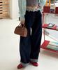 PLACE STUDIO Leopard Contrast Eyelet Strap Point Four Seasons Wide Oversized Denim Pants [Dark Blue]