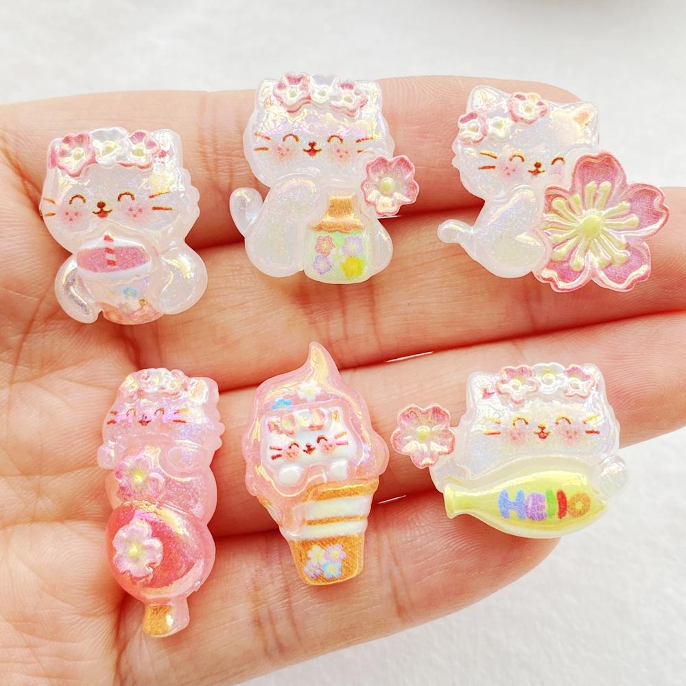 10Pcs Cute Cartoon Drink Drinks, Ice Cream, cats Flatback Resin Scrapbooking Crafts Fit Phone Case Decoration DIY Hair Bows