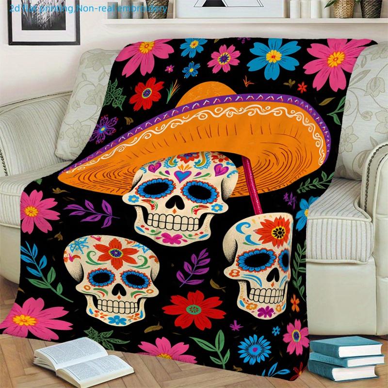 1pc Vintage Skull Print Blanket, Mexican Style, Multiple Sizes Available, Suitable for Living Room, Bedroom, Study, Office, Outdoor
