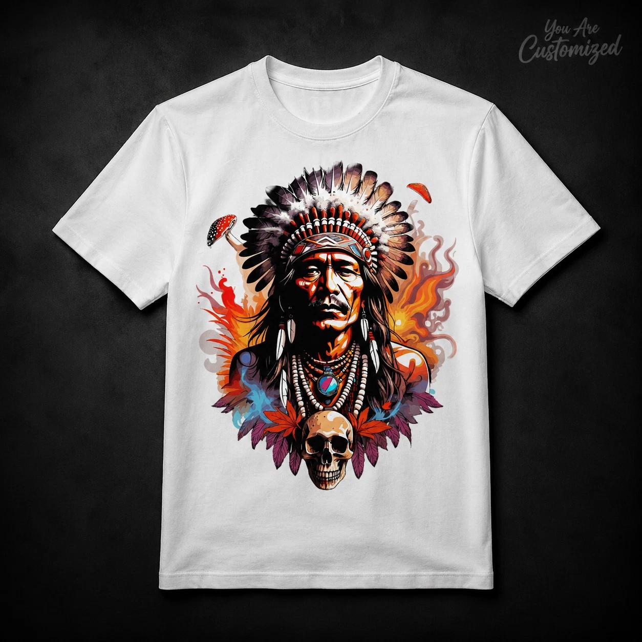 Native American Chief Graphic T-Shirt Black or White Unisex Tribal Art Tee 2XL