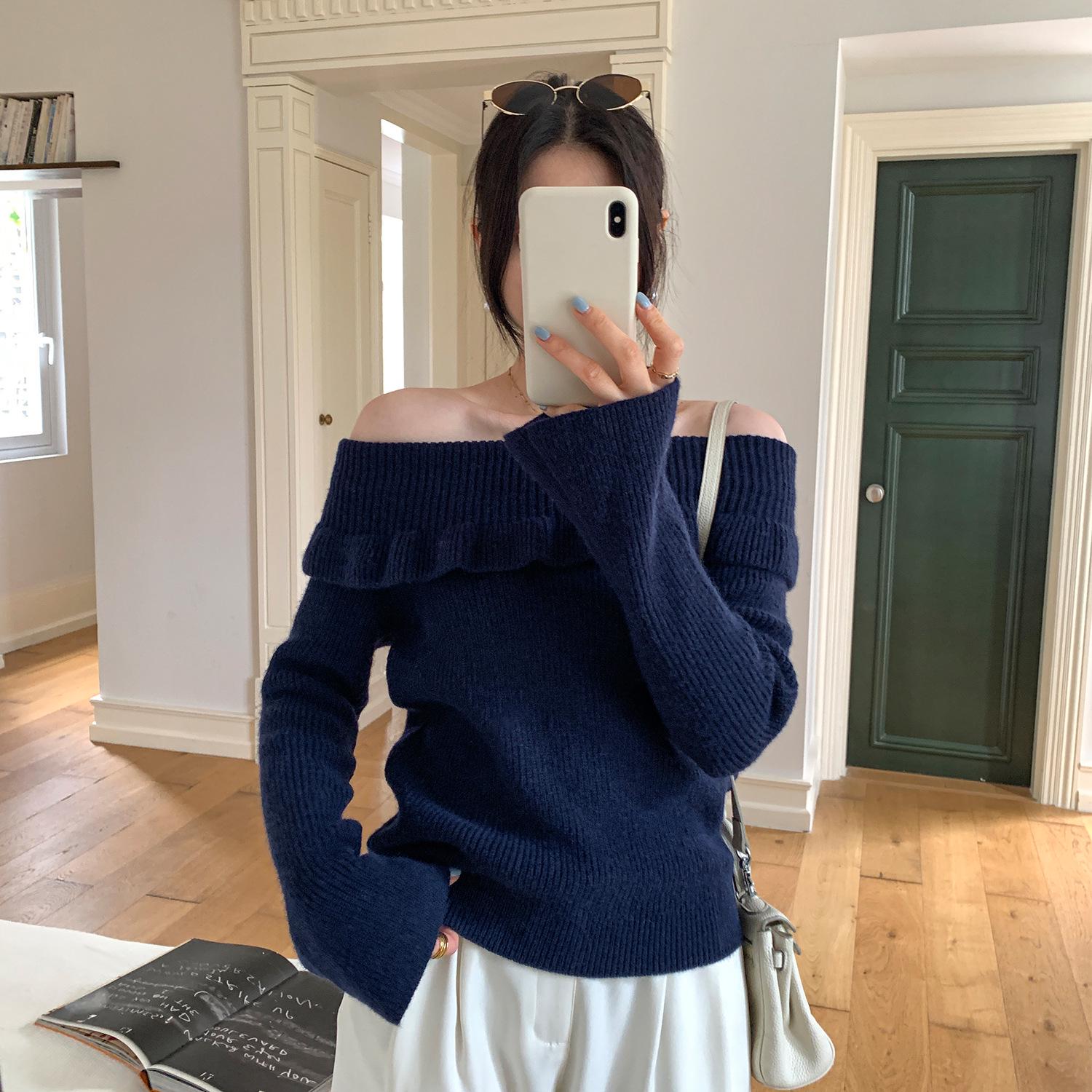 

European-Style Orange One-Shoulder Long-Sleeve Knit Top for Women, New Spring/Autumn Ruffled, Slightly Mature Niche Design Medium темно-синий