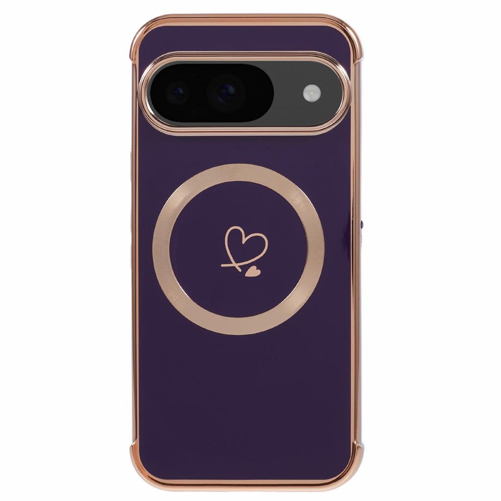 For Google Pixel 9/Pixel 9 Pro Case Compatible with MagSafe Electroplated TPU Phone Cover Hollow Love Hearts