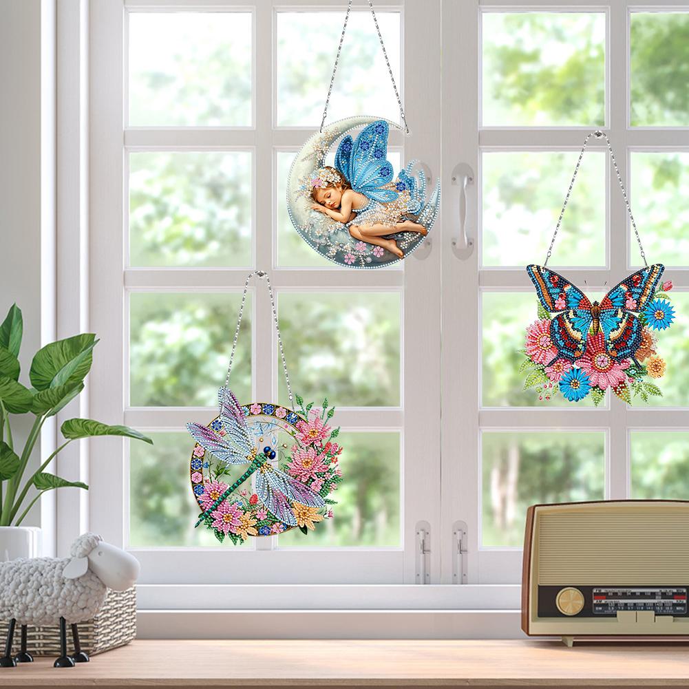 3pcs 2D Flat DIY Diamond Painting Set Rhinestone Diamond Art Window Pendants Diamond Art Pendant Home Wall Decoration Crafts