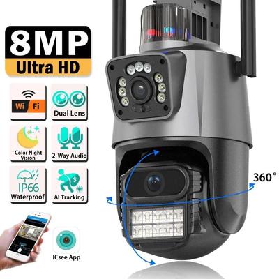 2024 EU 8MP 4K IP Camera Outdoor WiFi PTZ Dual Lens Dual Screen Auto Tracking Waterproof Security Video Surveillance Police Light Alarm CCTV