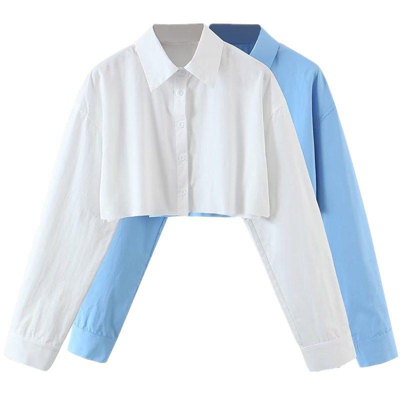 Ur European and American-Style Long-Sleeved Lapel Ripped Hot Girl Midriff Outfit Shirt