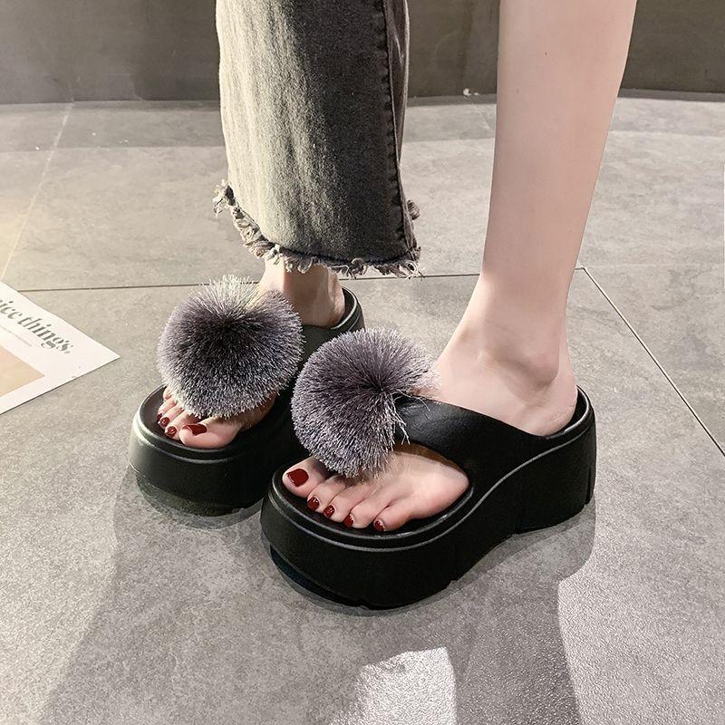Slippers sandals women's casual breathable toes women's drag muffin sandals flip-flops summer new hairball women's shoes