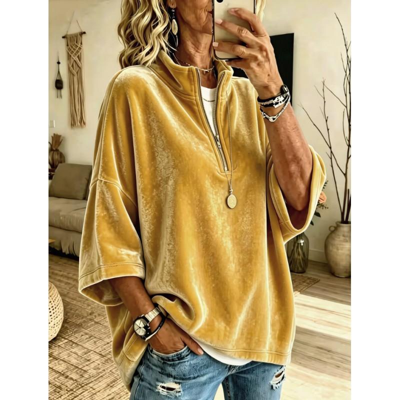 Womens Relaxed Half-Zip Fleece Pullover Sweatshirt 7/8 Sleeve Solid Color Casual Top