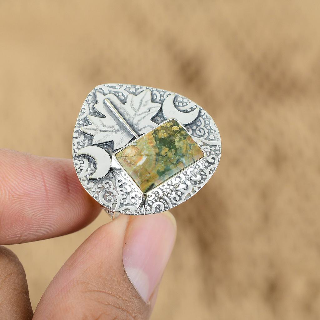 Natural Rainforest Jasper Cresent Moon Adjustable Ring 925 Silver For Women