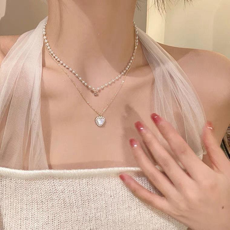 Micro-inlaid pearl double-layer love necklace women's light luxury high-end design sense niche stacked neck chain tide collarbone chain