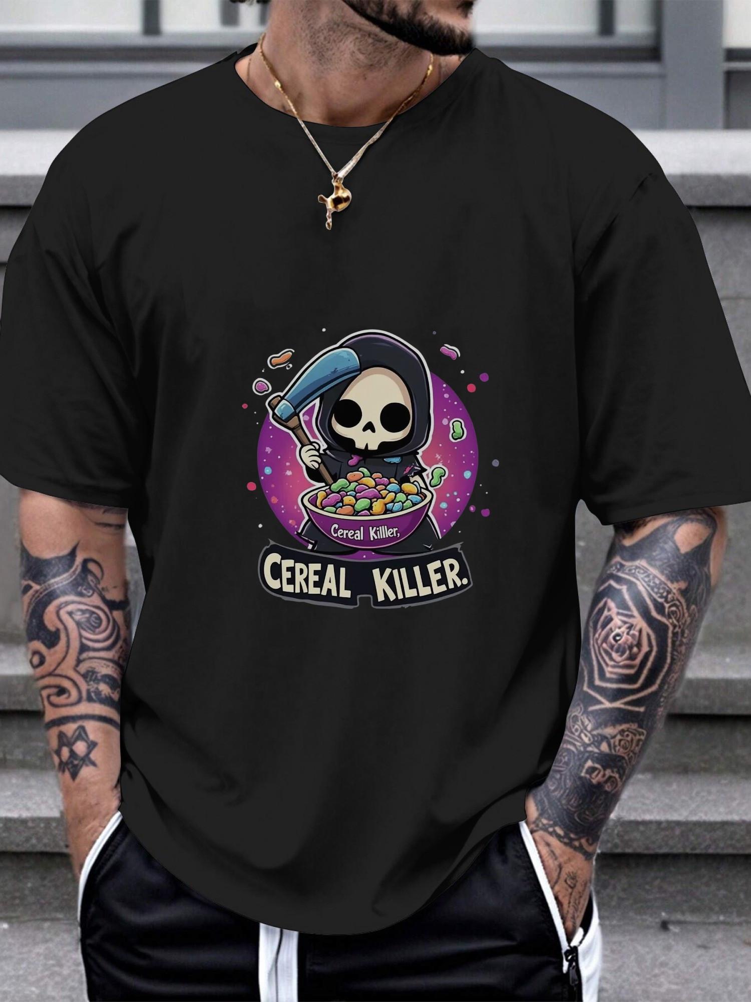 1pc Cereal Killer Kawaii Graphic T-shirt - Black 180g Cotton Crew Neck Short Sleeve Tee with Skull & Cosmic Print XXL