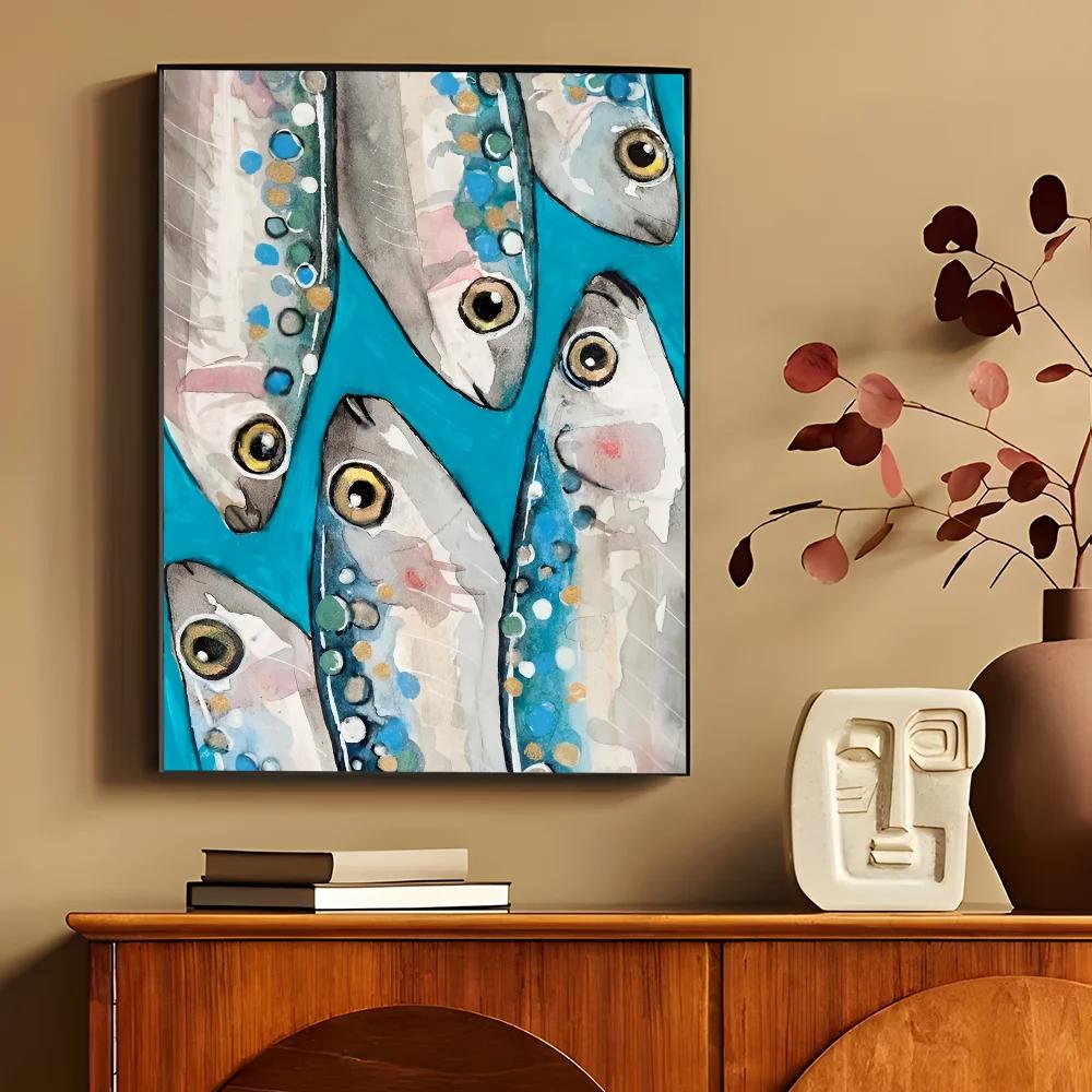 Kolorowe Sardynki Homary Zwierzęta Morskie Druki na Płótnie Retro Niebieska Ryba Plakaty Wall Art do Nowoczesnego Salonu Baru Dekoracja Domu