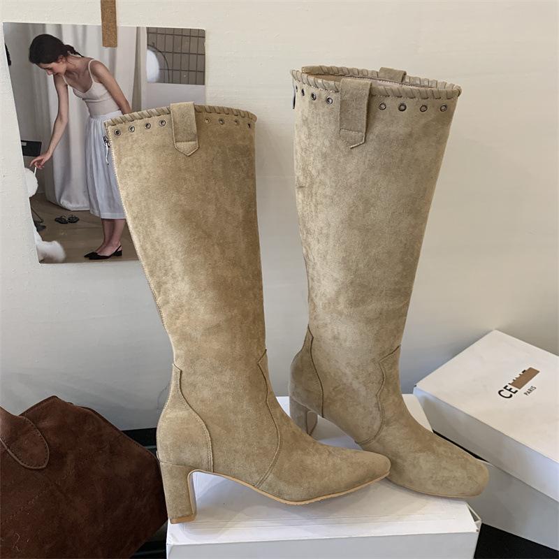 2025 new fashionable thick heel high boots but knee thin boots French square head rivet hole long boots high heel boots