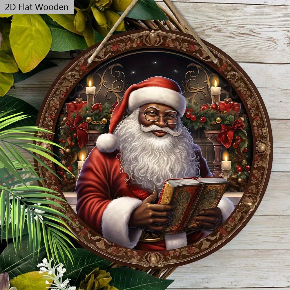 Black Santa Claus Wooden Christmas Sign - Navidad Round Sign for Yard Door Wall Hanging Decor - Ideal Christmas Decoration