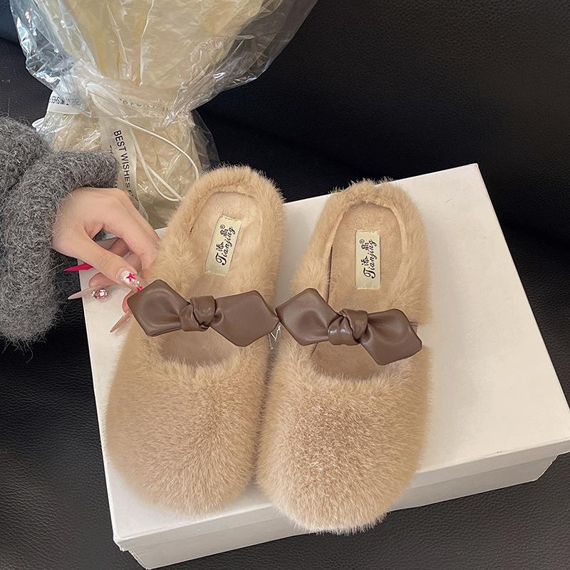 Schleife Flachboden Samt Thermische Baumwollschuhe für Damen Winter 2025 neu Ein-Pedal Flachboden Mode Flauschige Baumwollpantoffeln