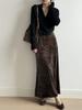 Vintage Leopard Velvet Half-Skirt Women Autumn High Waist Slim Fit Bodycon A-Line Long Dress