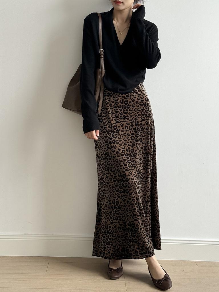 Vintage Leopard Velvet Half-Skirt Women Autumn High Waist Slim Fit Bodycon A-Line Long Dress