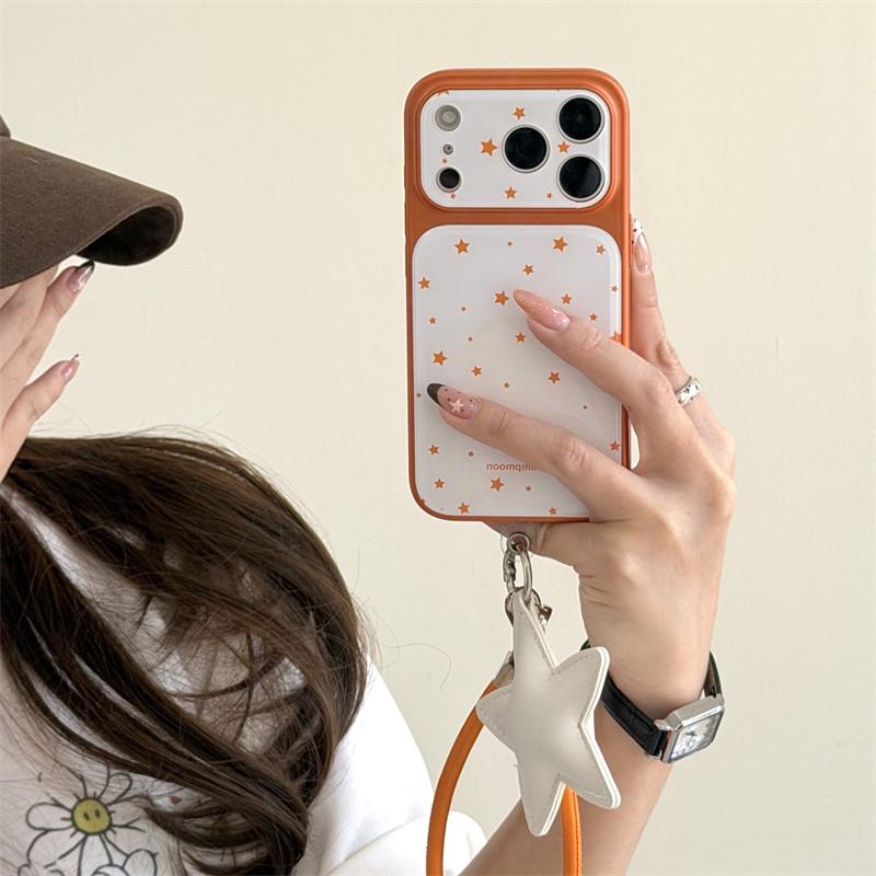 Kawaii Orange Star Phone Case With Star Wrist Strap For iPhone 14 15 16 17 Pro Max INS Cute Shockproof Protective Cover