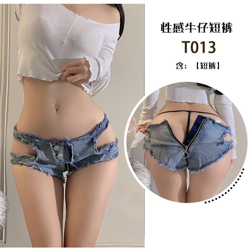 Sex Clothes Pure Desire Sexy Women's Low Waist Zipper Open Shorts Ripped Denim Hot Pants Nightclub Temptation