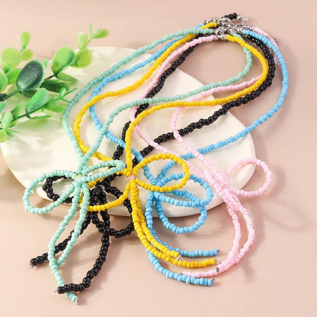 Vintage Design Niche Cold Wind Exaggerated  Beads Bowknot Necklace Clavicle Chain Female Colored Rice Bead Jewelry