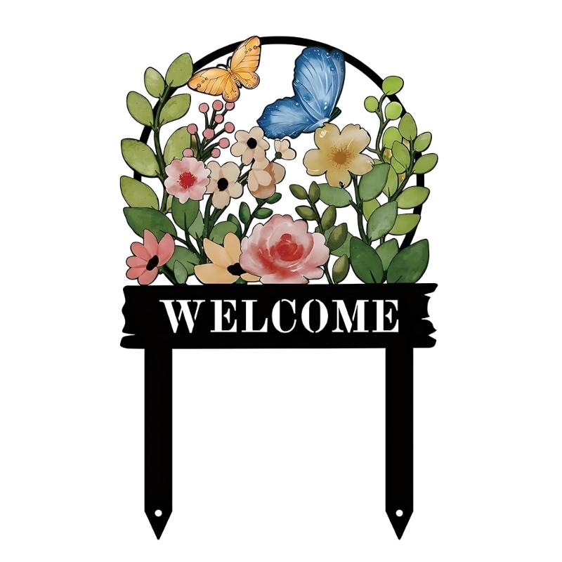 Iron Garden Welcome Sign with Twin-Pointed Soil Insert, Outdoor Metal Stake for Yard, Lawn and Flower Bed Placement Display Use at Home