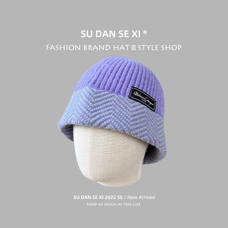 Big head circumference knitted bucket hat women's autumn and winter warm color matching versatile plain bucket hat fashionable color wool hat men