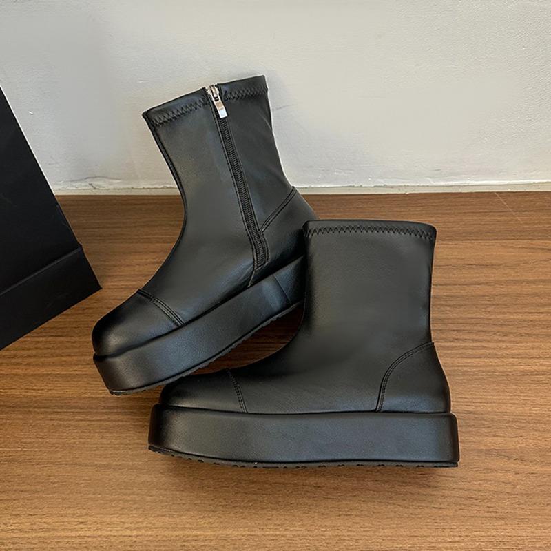 Winter Chunky Elastic Slim Woman Ankle Boots Fashion Platform Flats Shoes Female Cosy Soft Leather Mordern Short Booties
