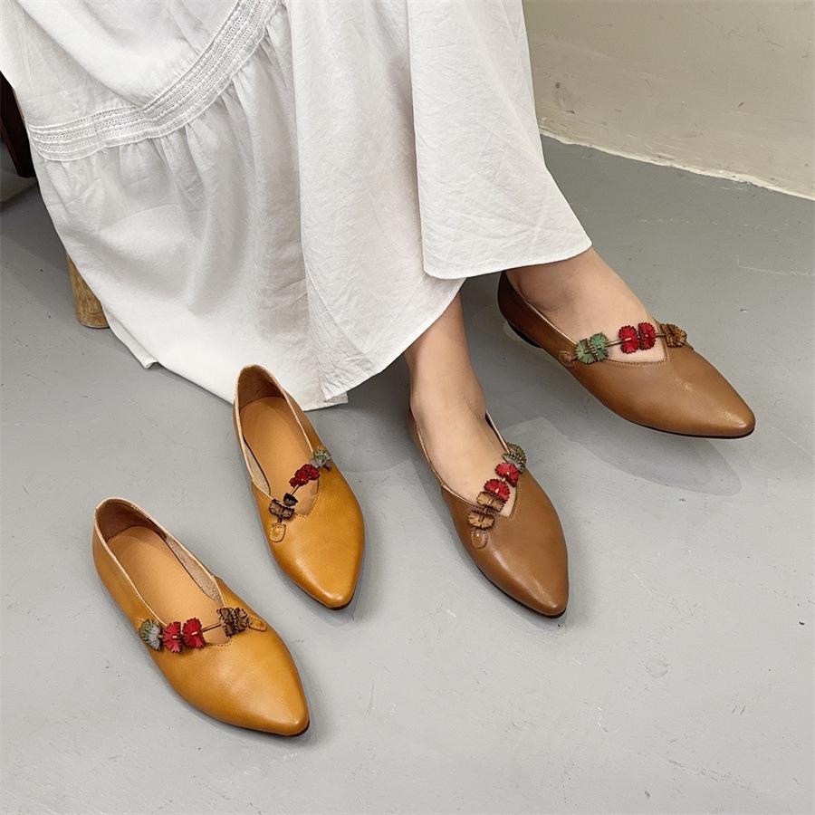 Johnature Flower Retro Pointed Toe Shallow Flat Shoes Ethnic Style Genuine Leather Women's Shoes
