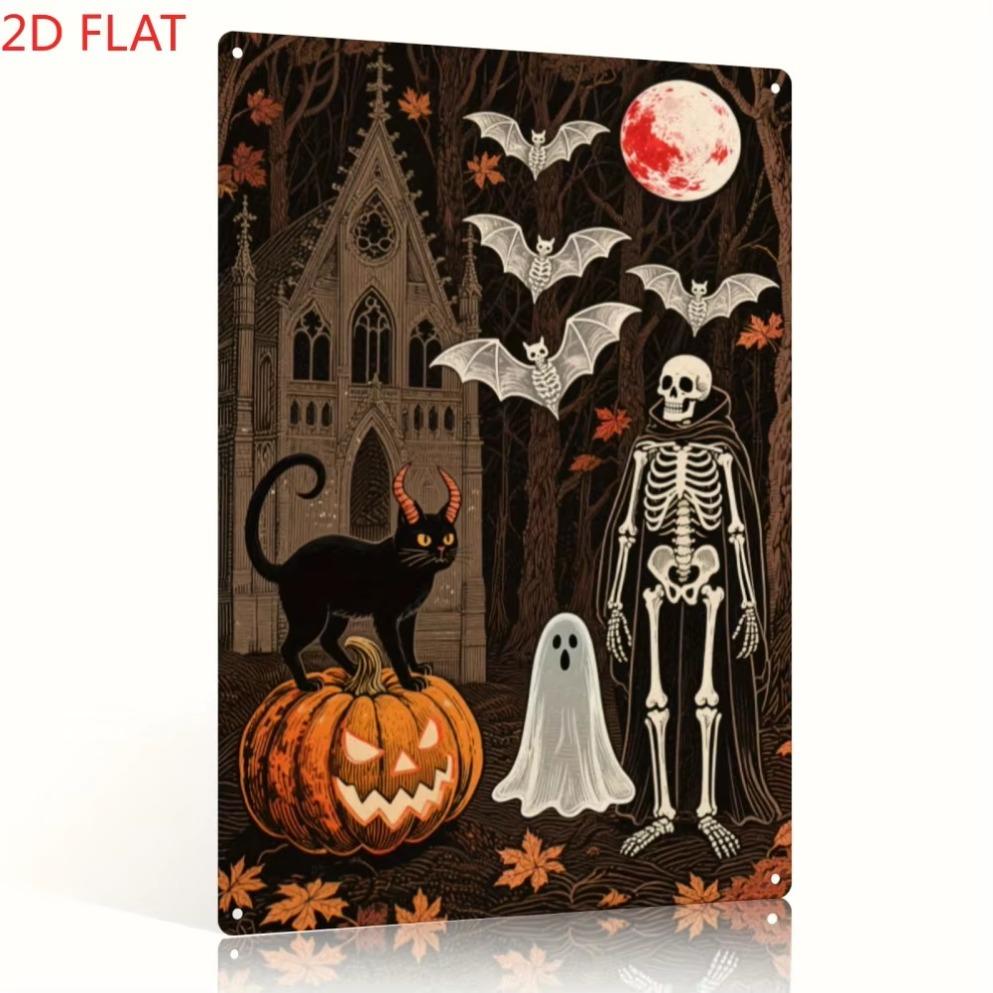 1pc 2D Flat Vintage Halloween Metal Sign - Gothic Cathedral Scene Iron Decor, Perfect for Party/Christmas/Birthday    Room Decor