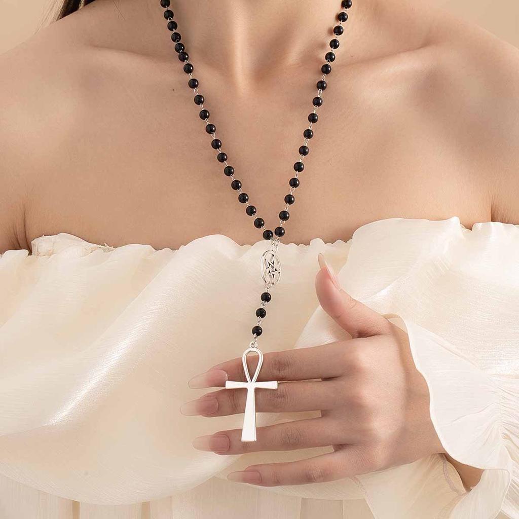 Vintage Cross Pendant, Black Bead Necklace, Sweet And Cool Style High-End Neck Chain, Niche Personality Long Fashion Item.