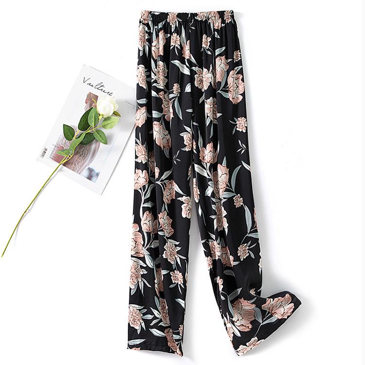 Pantaloni de pijama din bumbac mătase pentru femei, secțiune subțire de vară, anti-țânțari, pantaloni cu picior lat, culoare uni, pentru exterior, casă, petrecere a timpului liber, imprimeu, pantaloni de plajă până la genunchi