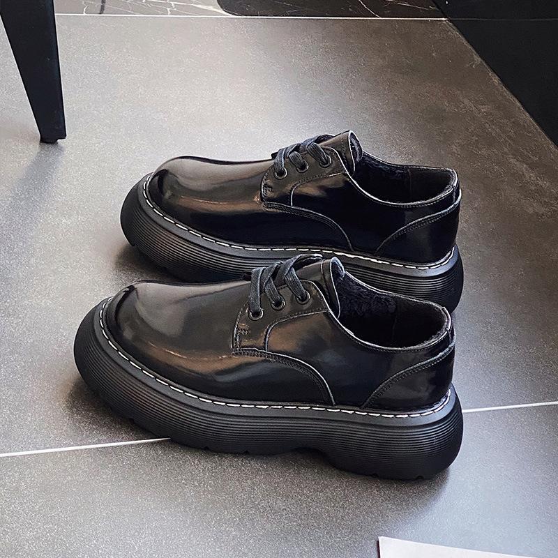 British style big head small leather shoes women's new retro muffin platform couple Korean version high-top short boots men