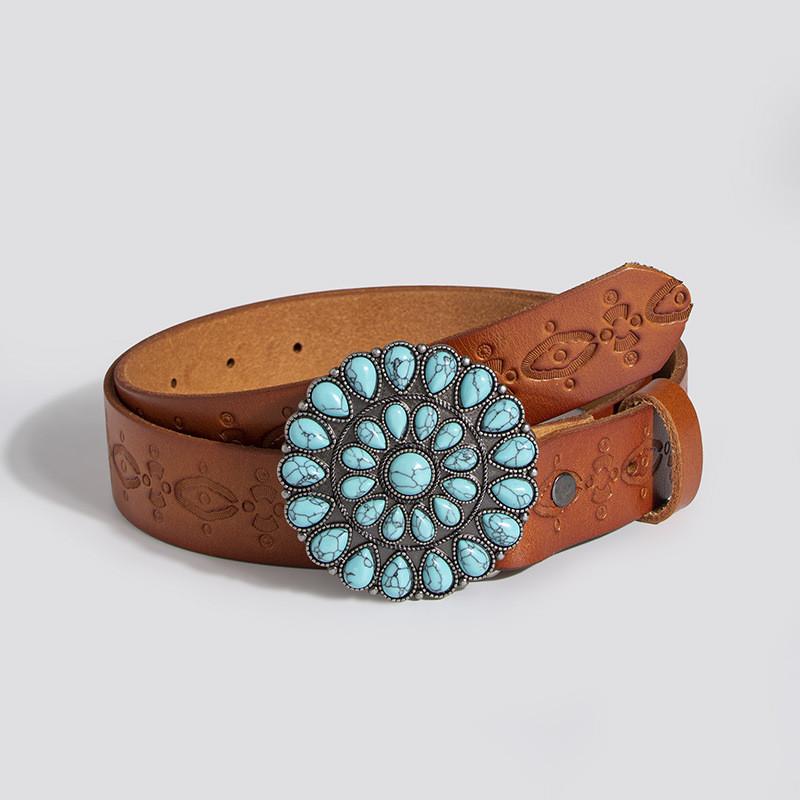 

Leather Womens Belt With Embossed Pattern And Gemstone Round Buckle For Office And Casual Wear