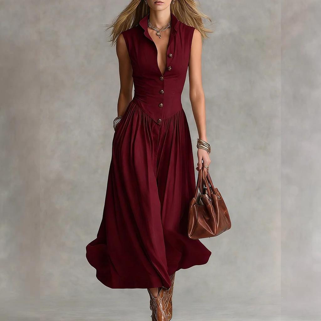 Women's Casual Fashion Lapel Long Sleeveless Dress