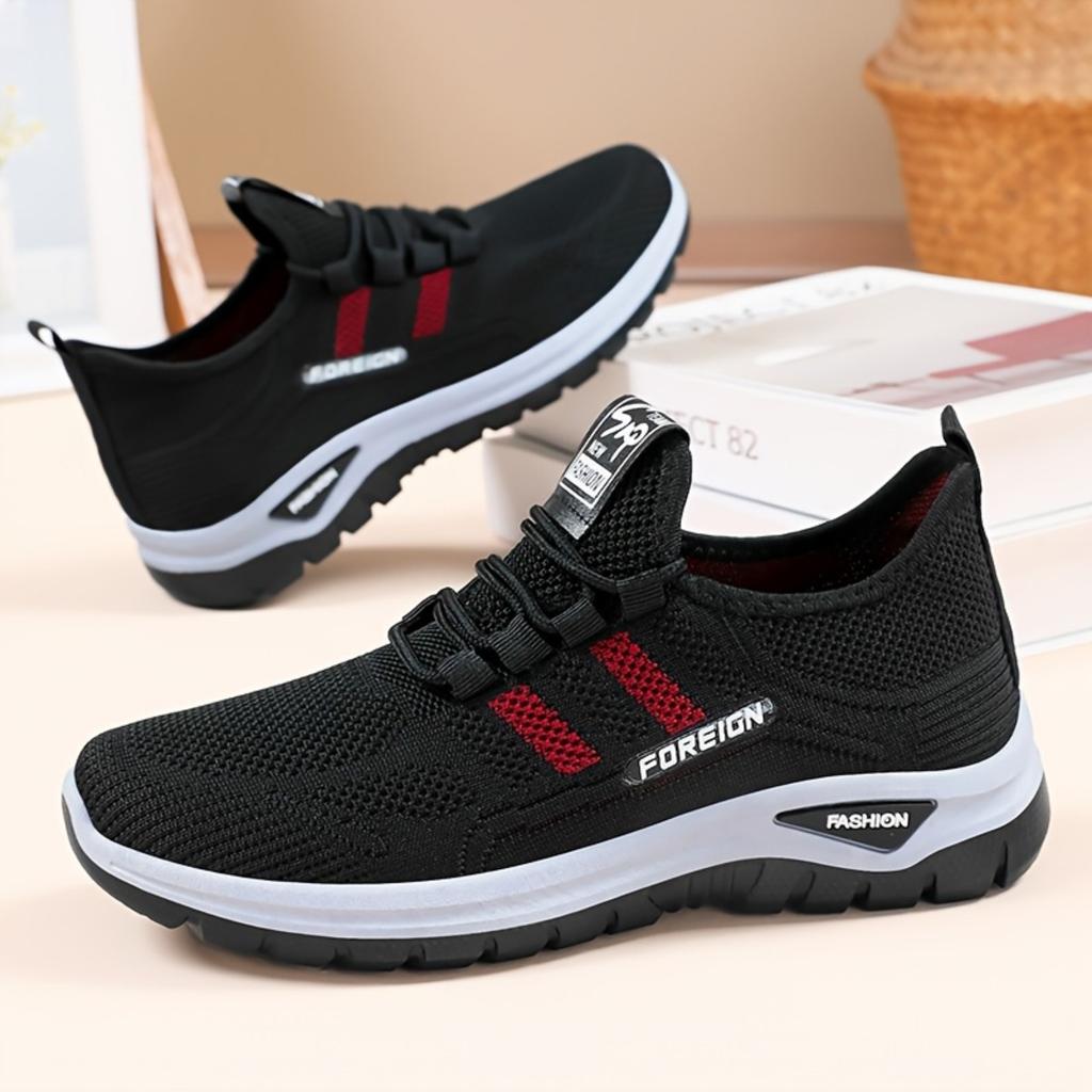 Dámské prodyšné pletené sportovní boty - Černé s červenými pruhy, Vhodné pro všechna roční období. Design s nízkým střihem ramínek, lehký a odpružený