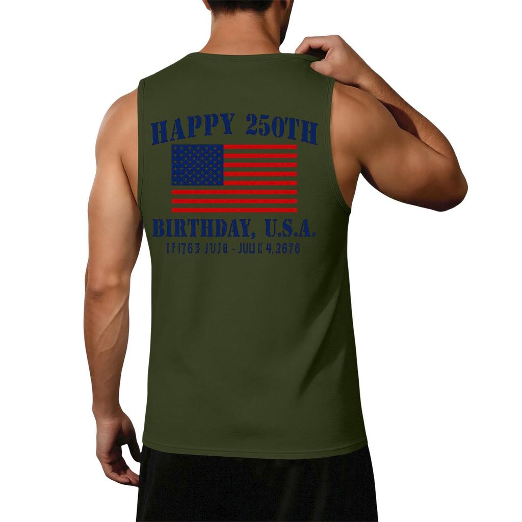 Men's Loose Fit Sleeveless Casual Tank Top with Flag Print Comfortable Athletic Muscle Shirt for Summer Outdoor Activities