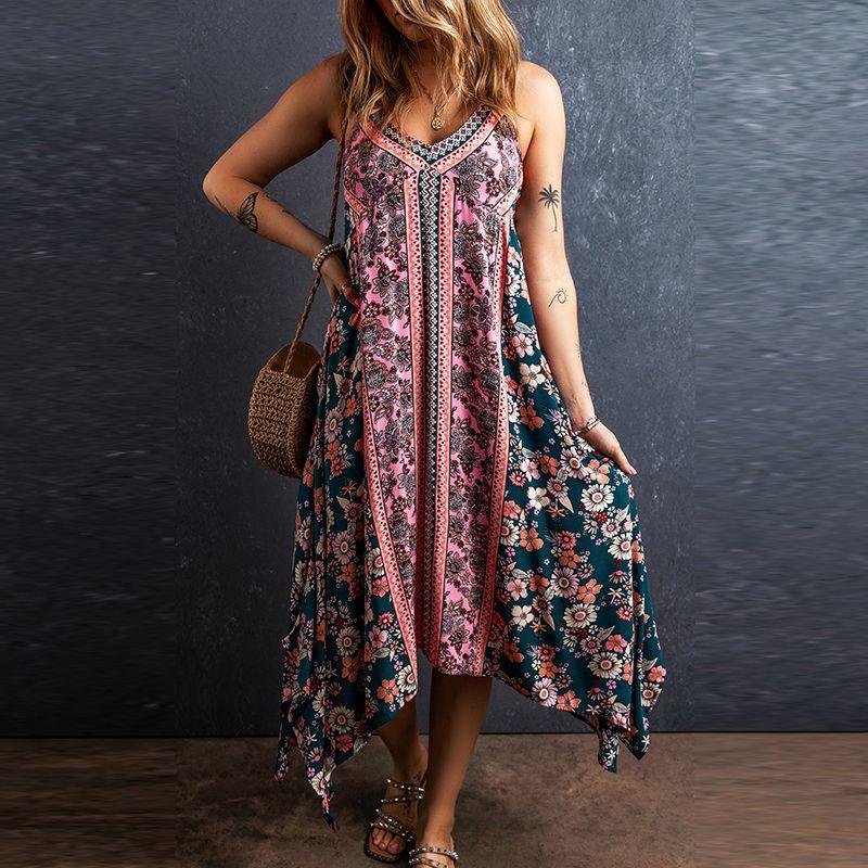 

Summer New Arrival Pullover V-neck Sleeveless Dress Women Fashion Bohemia Style Print Loose Suspender Skirt Women Pink P1020 Size S fit (45.00 kg-55.00 kg