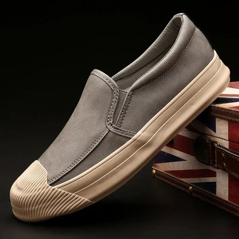 Fashion Man Casual Shoe Soft Solid Color Round Toe Leather Shoes for Men 2025 Trend Footwear Offer Pu Slip-on Legitimate New In Cowhide
