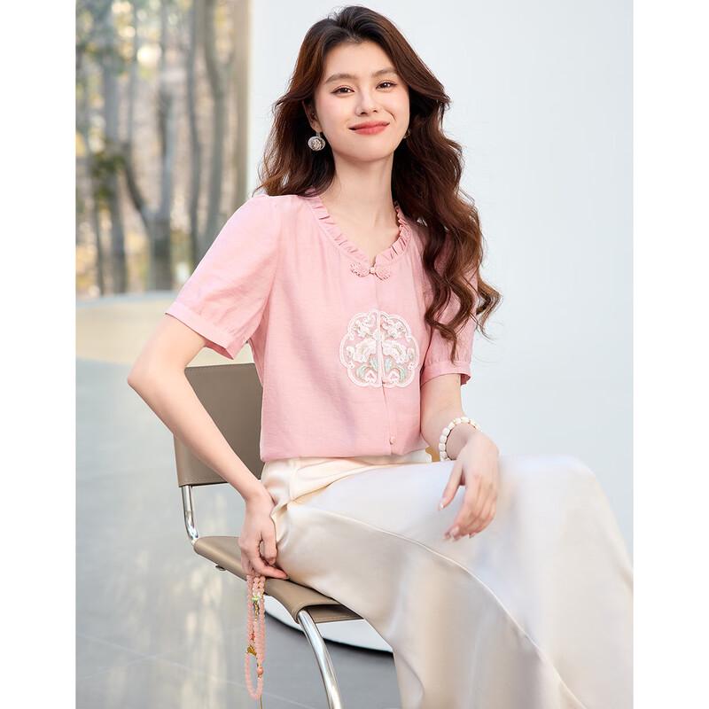 Sanpowa 2026 Spring Chinese Style Embroidered Short Sleeve T-Shirt M