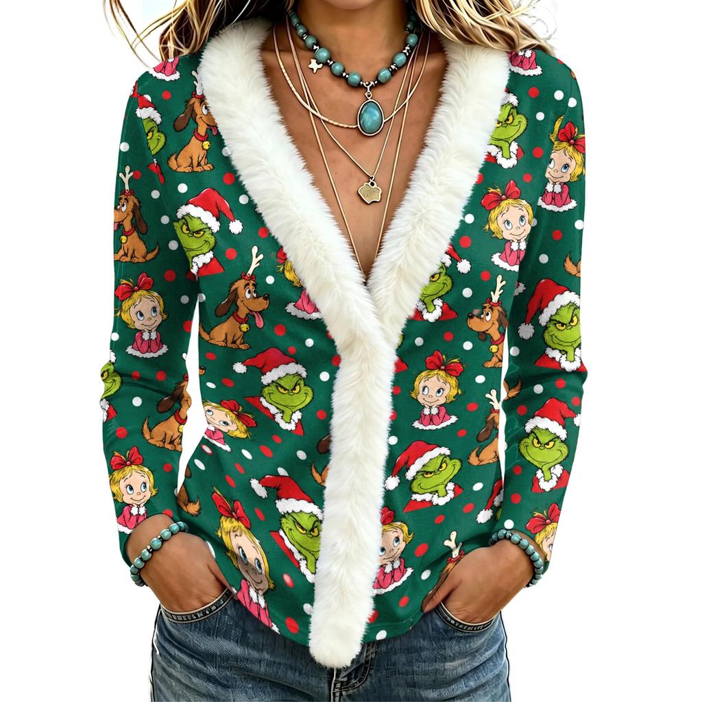 Women's Long Sleeve Christmas Print Top with Fuzzy Collar for Fall Winter Casual Wear