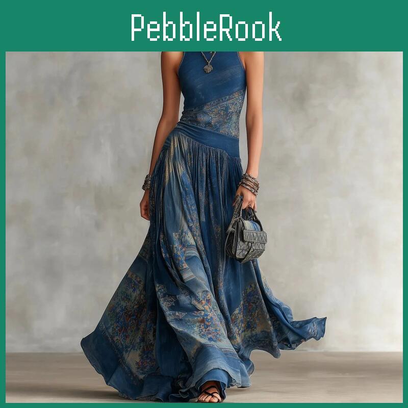 Women Dress Bohemian Vintage Summer Casual Beach Vacation Long Skirt Fashion Print Oneck Slim Shoulder Strap Aline Dress