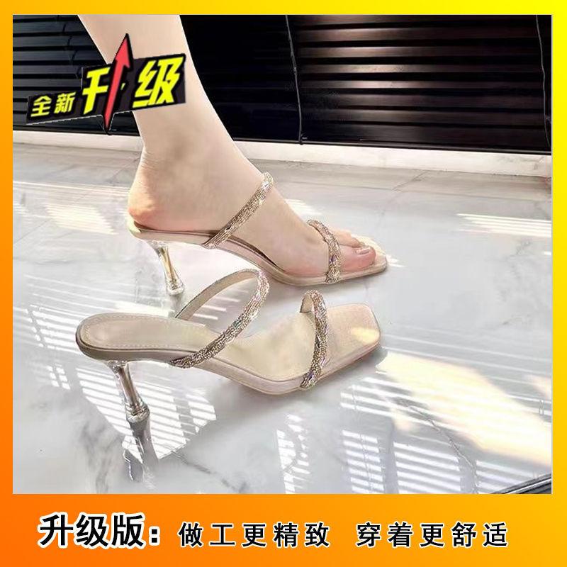 Fashion Versatile Seaside Beach High Heels European Station Rhinestone Thin Heel Cool Slippers Women's Summer Wear 2025 New Models