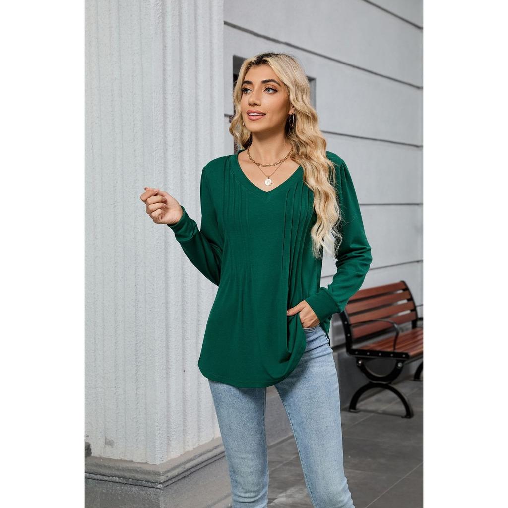 Fall Winter New Solid Color V-neck Striped Loose Long Sleeve T-shirt Top For Women, Amazon Cross-border European American Women's Clothing