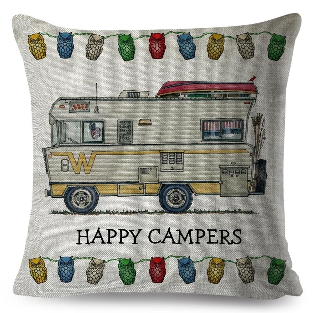 Happy Camper Pillowcase Decor Cartoon Travel Car Printed Pillow Case for Home Sofa Children Room Polyester Cushion Cover 45x45cm