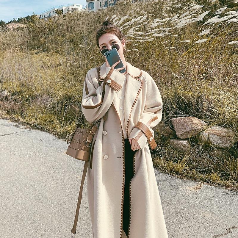 New Beige Double-sided Woolen Coat Women's Mid-length Autumn and Winter Contrast Color Hemmed Loose Woolen Coat