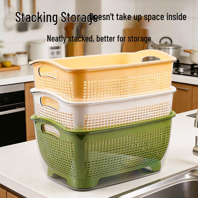 Dual-Layer Draining Basket for Vegetables, Fruits, and Rice - Large Capacity Storage Basin