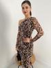 2024 Spring Leopard Print Slant Collar Waist-Gathering Midi Dress for Women