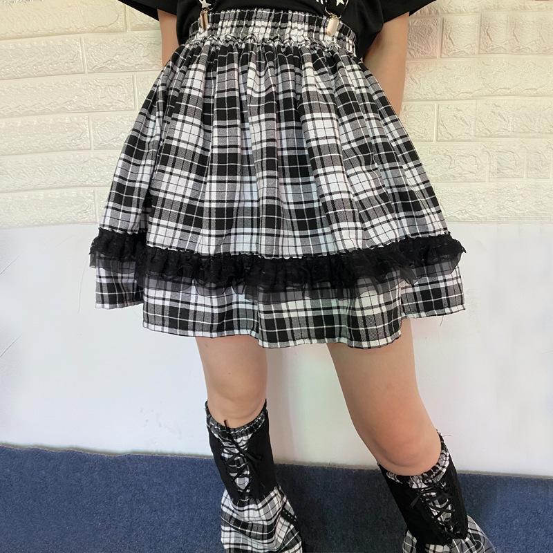 

Y2K Plaid Lace Patchwork High-Waisted Mini Skirt, Elastic Waist Slimming A-Line, Pleated JK Visual Kei One Size