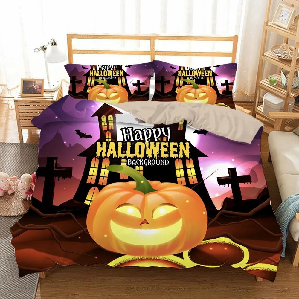 Halloween Bedding Set Pumpkin Skull Pattern Duvet Cover Cartoon Pumpkin Lantern Castle and Bat Quilt Cover 135x200cm