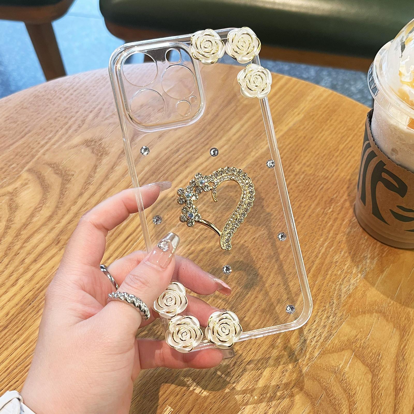 

For iPhone 16 Pro Case Rhinestone Heart Rose Decor Soft TPU Clear Phone Back Cover A